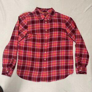 Talbot's Pink Maroon Plaid Collared Button-front Shirt Roll-tab Sleeves Size M